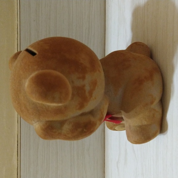 RARE Vintage Flocked Ceramic Teddy Bear Coin Bank With Stopper - Picture 4 of 5